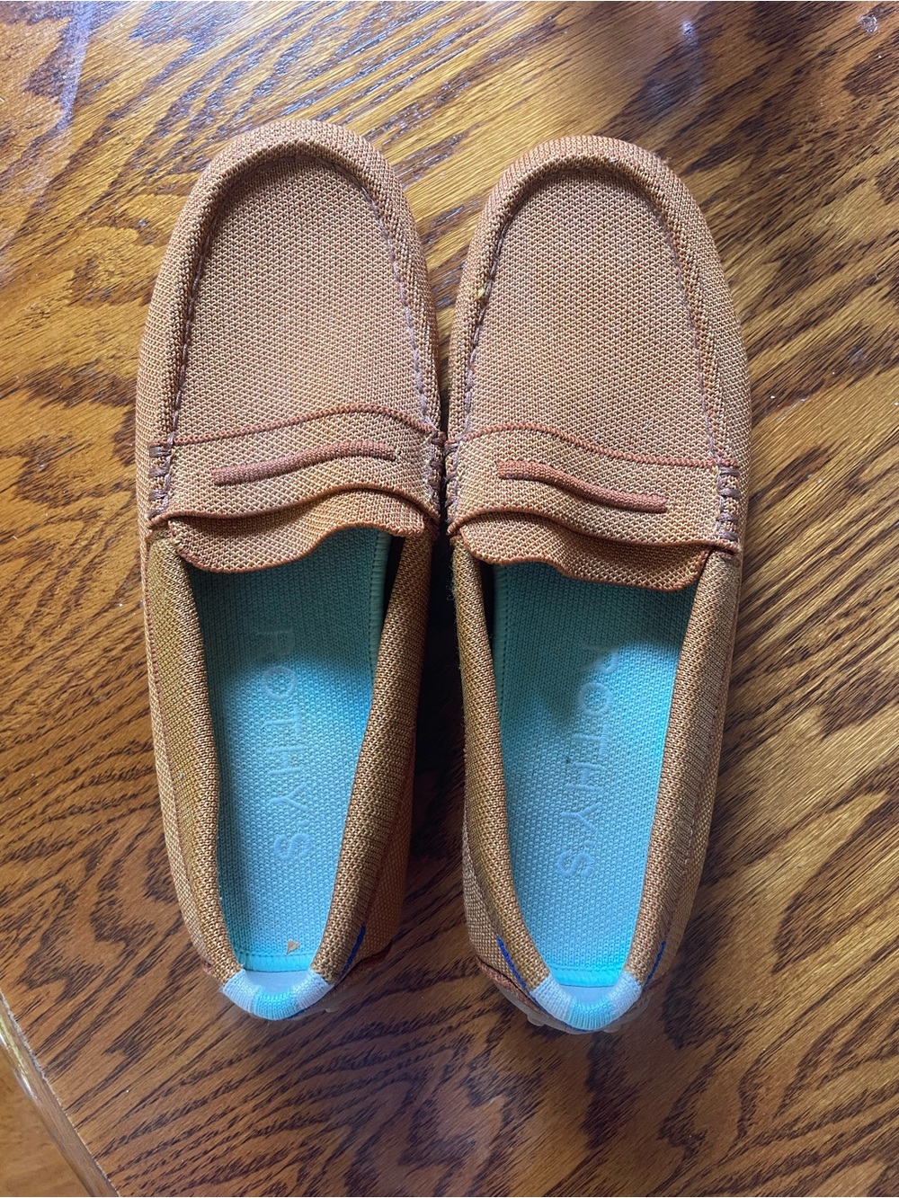 Rothy's Women's Knit Penny Loafers in Brown with Light Blue Insole